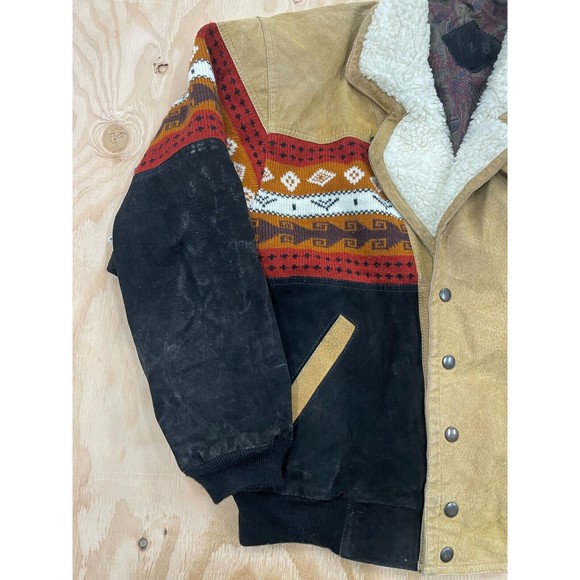 Vintage Suede Sherpa Jacket Coat Southwestern Pattern Mens Size Large WIB - Picture 2 of 11